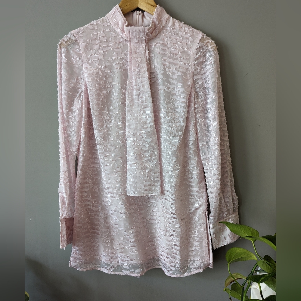 NWT Pink St John Fil-Coupe Silk Top with Tie Detail and Sheer Sleeves Sz 0